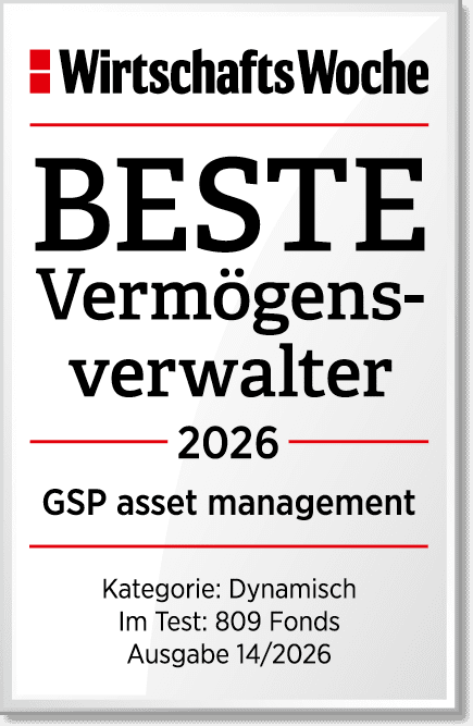 Signet "Beste Vermögensverwalter 2026, GSP asset Management, Kategorie: Dynamisch, im Test: 809 Fonds, WirtschaftsWoche Ausgabe 14/2026